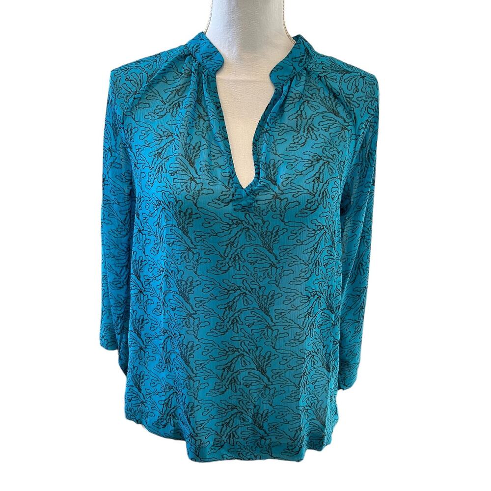 PJK Patterson J Kinkaid Chiffon Long Sleeve Top Blue coral print XS